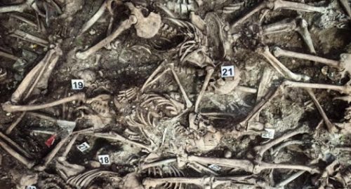 Skeletons in a mass grave