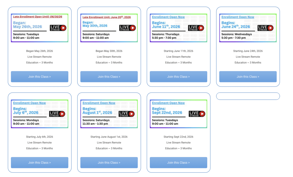 Schedule Snapshot Central Sterilization Solutions, Live-Stream Class list as of June, 2026 Live-Stream Sterile Processing Classes Start Date and Late Start list as of June 5th, 2026. Central Sterilization Solutions Sterile Processing Live-Stream Class